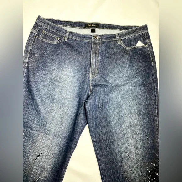 Embellished deep blue denim jeans Sequin Black Lace Embroidered Capri - Picture 6 of 13